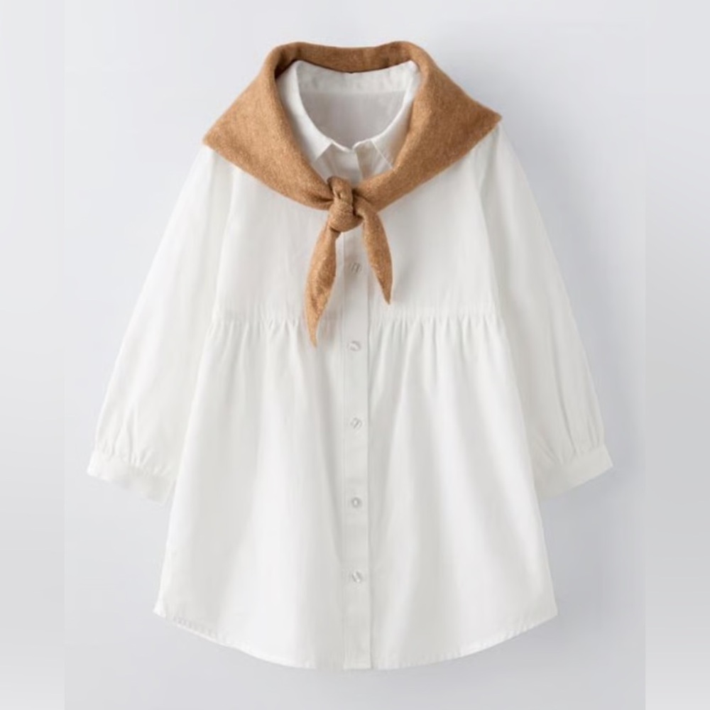 Zara Kids White Button Down Dress with Brown Scarf Accent